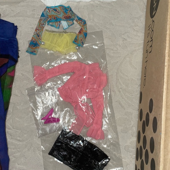 3 Barbie Outfits Black Patent Leather Pencil Skirt Pink Ruffle Wrap LS Blouse + - Picture 2 of 2